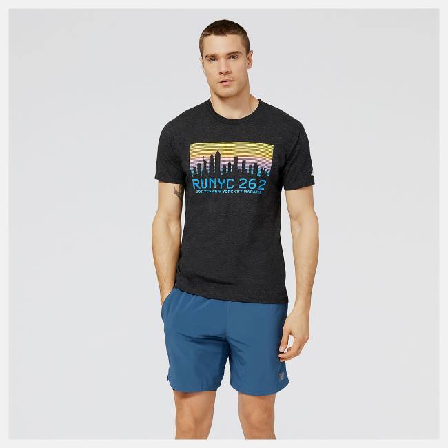 Tricouri Barbati New Balance NYC Marathon RUNYC Skyline Grafice Tee Negrii | NB037CBM